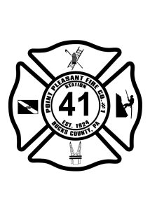 A black and white logo for Point Pleasant Fire Co. Station 41, established 1924, located in Bucks County, PA. It features firefighting symbols: a ladder, a fire hydrant, an axe, and a firefighter climbing. The text encircles the number 41.