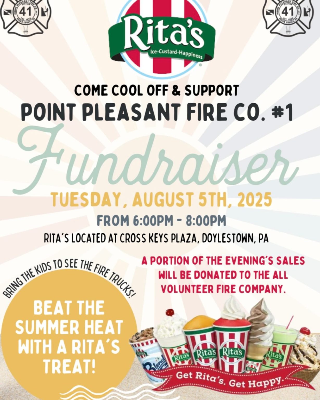 Flyer for a Rita’s Ice fundraiser on August 5, 2025, supporting Point Pleasant Fire Co. #1, with event details, images of Rita’s treats, fire hats, and text about proceeds benefitting the fire company.