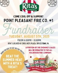 Flyer for a Rita’s Ice fundraiser on August 5, 2025, supporting Point Pleasant Fire Co. #1, with event details, images of Rita’s treats, fire hats, and text about proceeds benefitting the fire company.